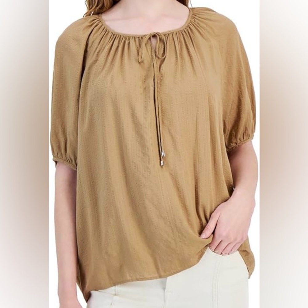 TOMMY HILFIGER  Fire Island Tie Neck Striped Blouse Tan